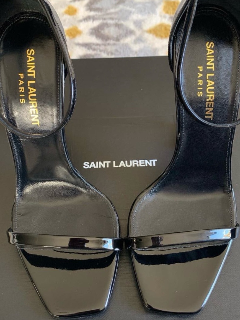 Saint Laurent Black Patent Leather Logo-Heel Strappy Sandals - Picture 3 of 3
